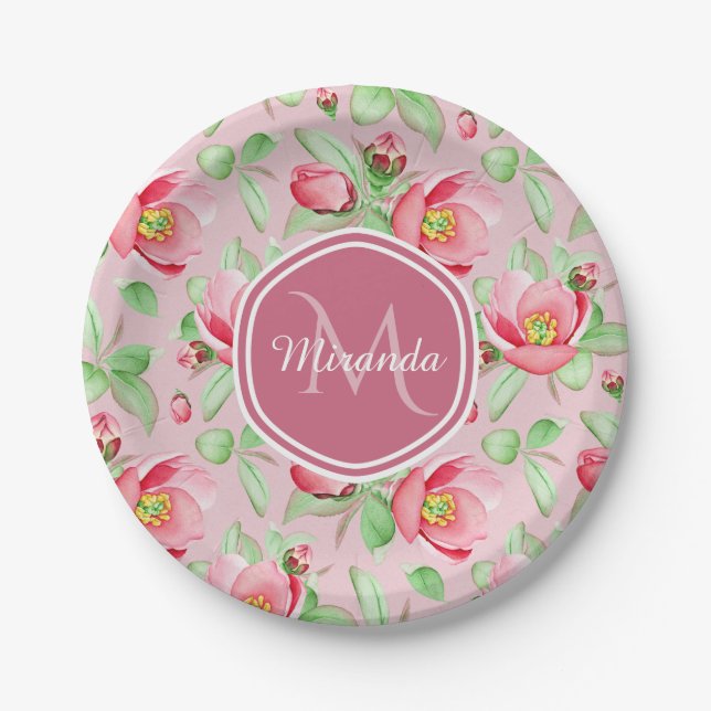 Sweet Pink Apple Blossom Floral With Monogram Paper Plates (Front)