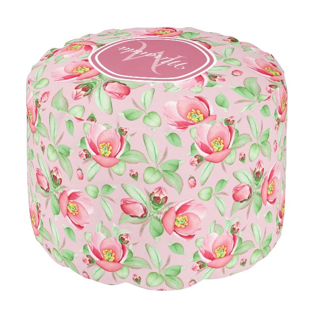 Sweet Pink Apple Blossom Floral With Monogram Pouf (Angled Front)