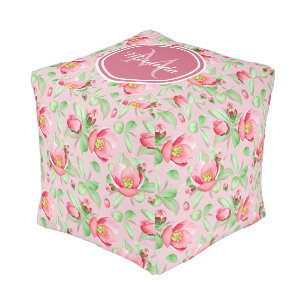 Sweet Pink Apple Blossom Floral With Monogram Pouf