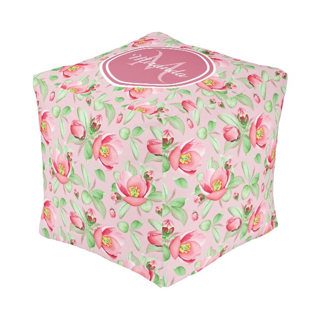 Sweet Pink Apple Blossom Floral With Monogram Pouf (Angled Front)