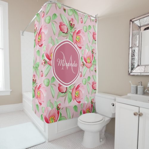 Sweet Pink Apple Blossom Floral With Monogram Shower Curtain