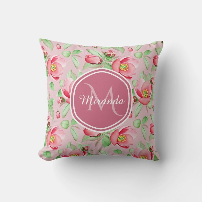 Sweet Pink Apple Blossom Floral With Monogram Throw Pillow (Front)