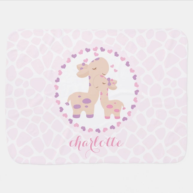 Sweet Pink Baby Girl Giraffe Personalized Receiving Blanket (Horizontal)