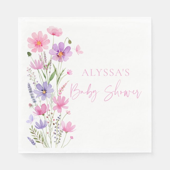 Sweet Pink Baby in Bloom Wildflower Baby Shower Napkins (Front)