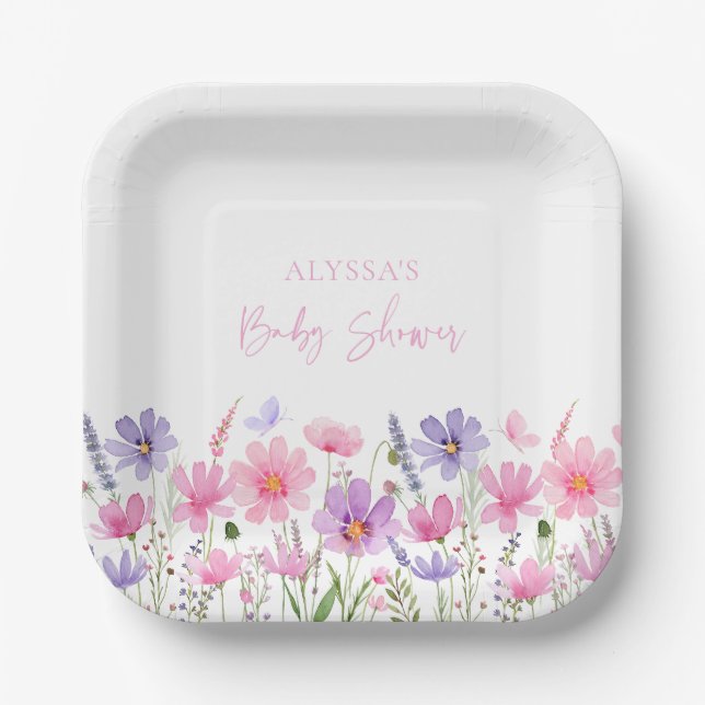 Sweet Pink Baby in Bloom Wildflower Baby Shower Paper Plates (Front)
