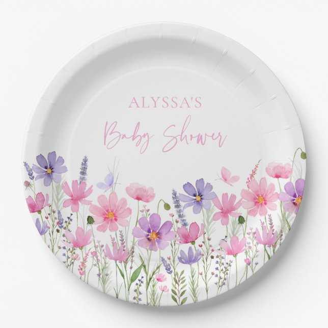 Sweet Pink Baby in Bloom Wildflower Baby Shower Paper Plates (Front)