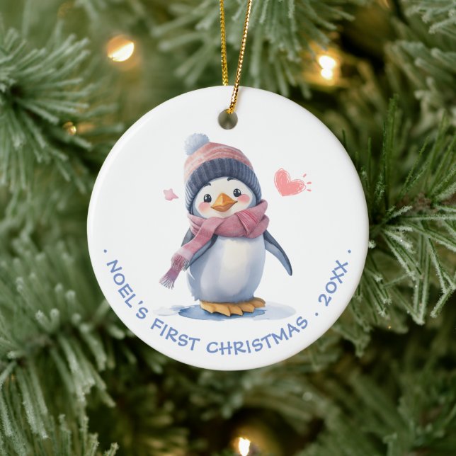 Sweet Pink Baby Penguin | Baby's First Christmas Ceramic Ornament (Tree)