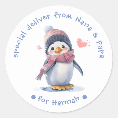 Sweet Pink Baby Penguin Christmas Label for Kids