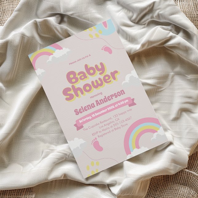 Sweet Pink Baby Shower Invite with Rainbows        (Creator Uploaded)