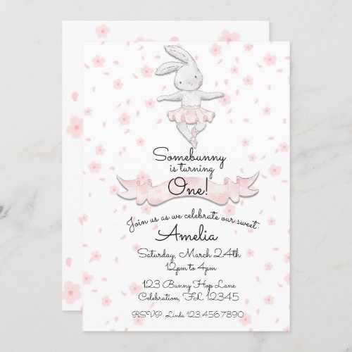 Sweet Pink Ballerina Bunny First Birthday Floral Invitation