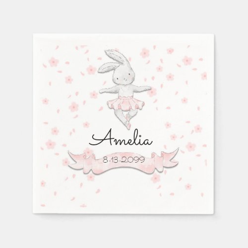 Sweet Pink Ballerina Bunny First Birthday Floral Napkins