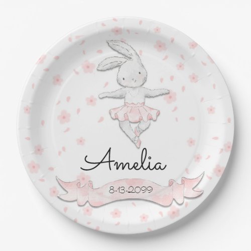 Sweet Pink Ballerina Bunny First Birthday Floral Paper Plates