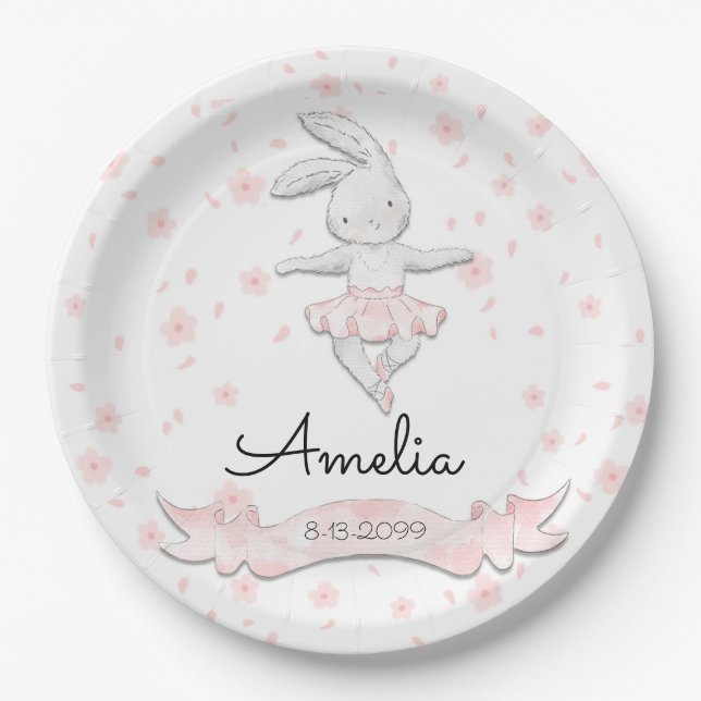 Sweet Pink Ballerina Bunny First Birthday Floral Paper Plates (Front)