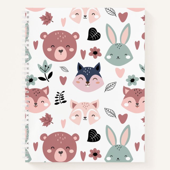 Sweet Pink Bear Fox And Bunny Forest Notebook (Front)