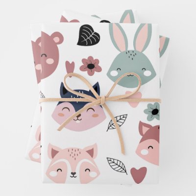 Sweet Pink Bear Fox And Bunny Forest Wrapping Paper Sheets