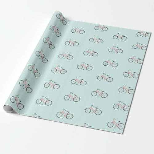 Sweet pink bicycles on mint wrapping paper