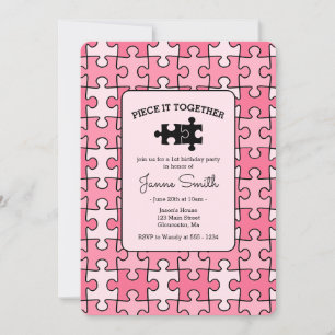 Sweet Pink Black Piece It Together Puzzle Birthday Invitation