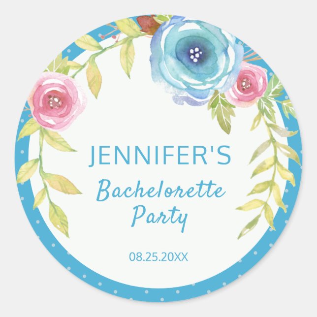 Sweet Pink Blue Boho Floral Bachelorette Party  Classic Round Sticker (Front)