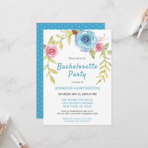 Sweet Pink Blue Boho Floral Bachelorette Party  Invitation