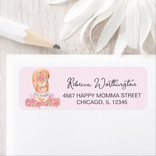 Sweet Pink Boho Squirrel Girl Baby Announcement  Label