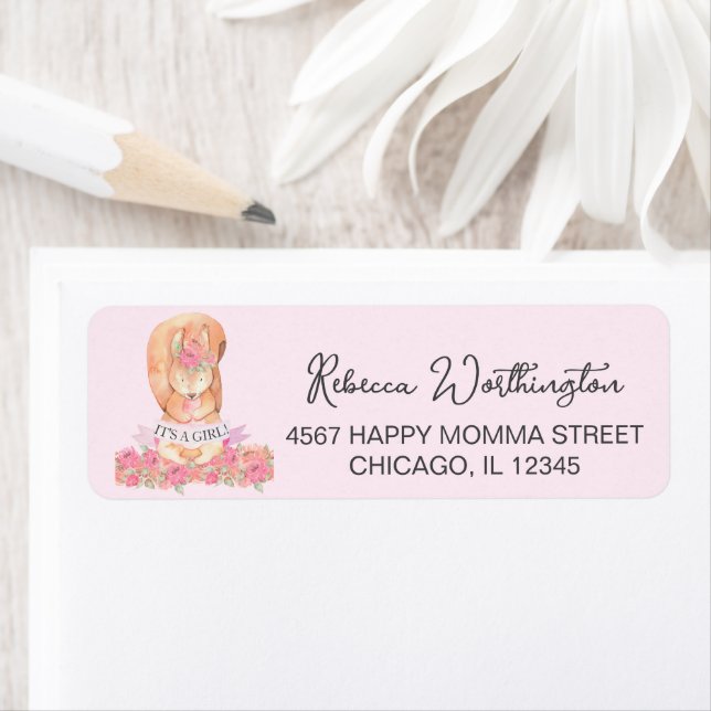 Sweet Pink Boho Squirrel Girl Baby Announcement  Label (Insitu)