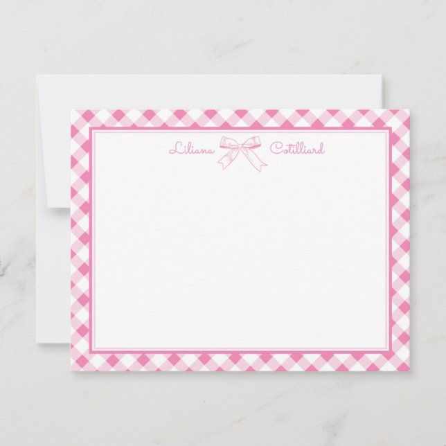 Sweet Pink Bow and Gingham Note Card (Front)