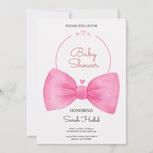 Sweet Pink Bow and Hearts Baby Shower Invitation