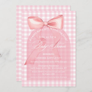 Sweet Pink Bow Gingham Arch Girl Baby Shower Invitation