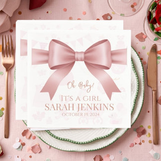 Sweet Pink Bow & Ribbon Girl Baby Shower Napkins