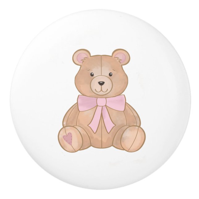 Sweet Pink Bow Teddy Nursery Kid Room Ceramic Knob (Front)