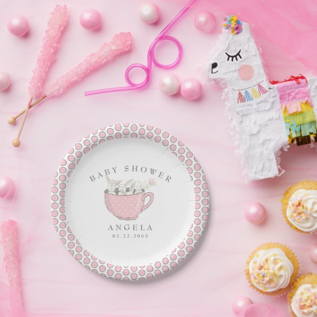 Sweet Pink Bunnies in a Cup Baby Shower Paper Plates (Party)
