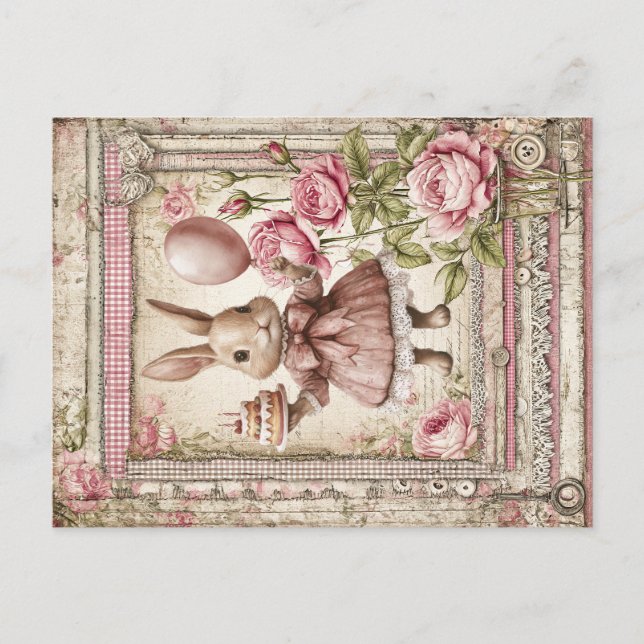 Sweet pink bunny birthday  postcard (Front)