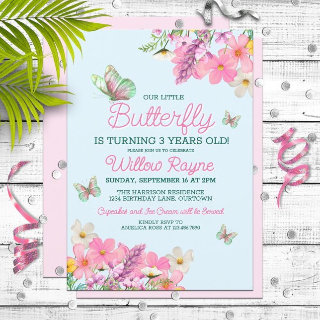 Sweet Pink Butterfly Theme Girl's Birthday Party Invitation (Creator Uploaded)