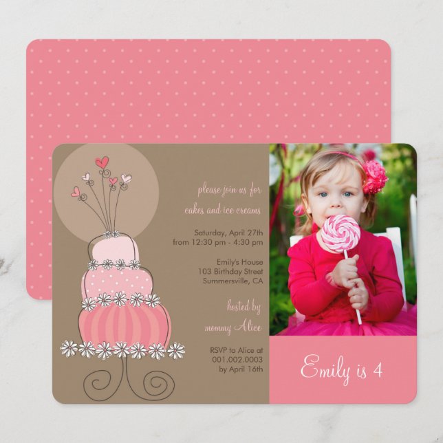 Sweet Pink Cake Girl Birthday Party Photo Invite (Front/Back)