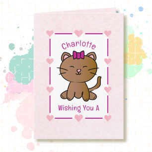 Sweet Pink Cat Cartoon Adorable Kitten Birthday Card