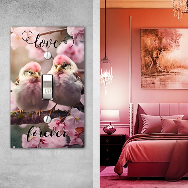 Sweet Pink Cherry Blossom Love Birds Light Switch Cover (Sweet love birds cute pink light switch cover with script text)