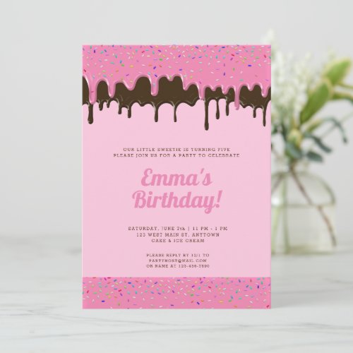 Sweet Pink  Chocolate Icing Ice Cream Birthday In Invitation