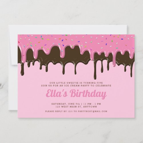 Sweet Pink  Chocolate Icing Ice Cream Birthday Invitation