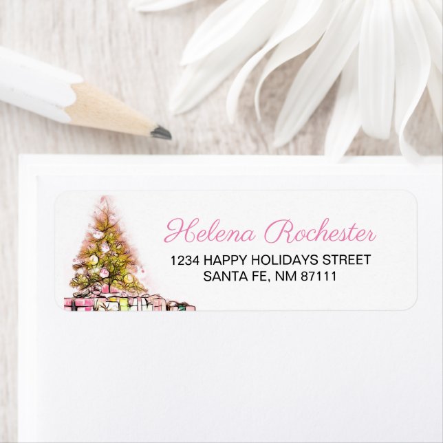 Sweet Pink Christmas Tree & Presents Holiday Label (Insitu)