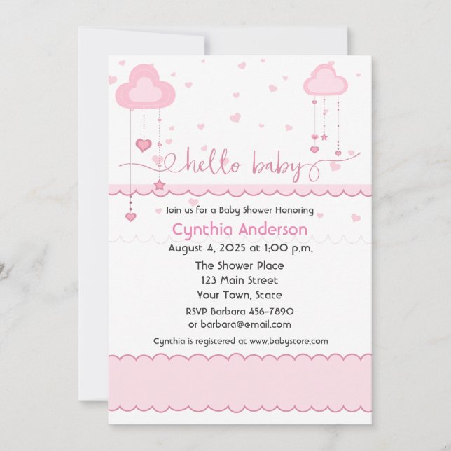 Sweet Pink Clouds and Hearts Baby Shower Invitation (Front)