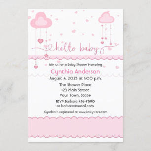 Sweet Pink Clouds and Hearts Baby Shower Invitation