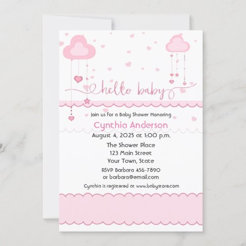 Sweet Pink Clouds and Hearts Baby Shower Invitation