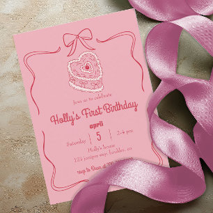 Sweet Pink Coquette Bow 1st Birthday Heart Cake Invitation