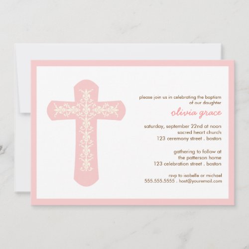 Sweet Pink Cross Baptism Christening Invitation
