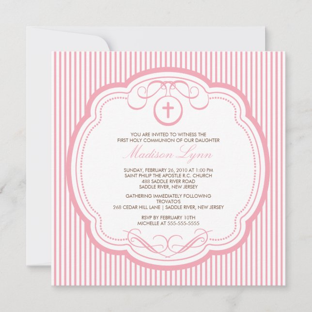 Sweet Pink Cross Girl Communion Invitation (Front)