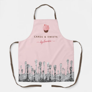 Sweet Pink Cupcake Baker Silver Glitter Dripping Apron