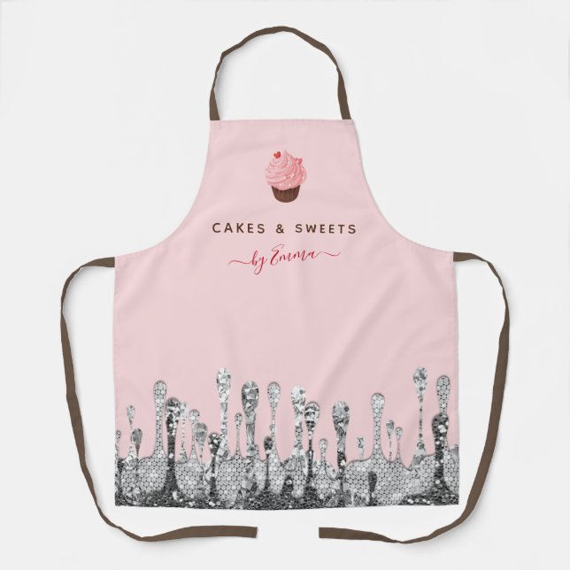 Sweet Pink Cupcake Baker Silver Glitter Dripping   Apron (Front)