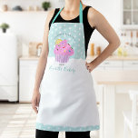 Sweet Pink Cupcake Bakery Dessert Turquoise Custom Apron<br><div class="desc">Here’s a wonderful way to add to the fun of baking. Add extra sparkle to your culinary adventures whenever you wear this elegant, sophisticated, simple, and modern apron. A sparkly, pink cupcake and script handwritten typography overlay white polka dots on a light pastel mint aqua blue background. Personalize with your...</div>