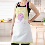 Sweet Pink Cupcake Bakery Dessert Yellow Custom Apron<br><div class="desc">Here’s a wonderful way to add to the fun of baking. Add extra sparkle to your culinary adventures whenever you wear this elegant, sophisticated, simple, and modern apron. A sparkly, pink cupcake and script handwritten typography overlay a polka dot and light pastel lemon yellow background. Personalize with your name or...</div>