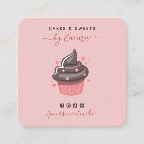 Sweet Pink Cupcake Modern Baker Social Media Star  Square Business Card